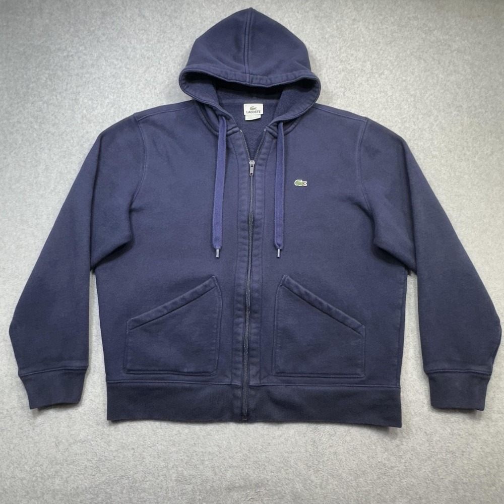 Lacoste Hoodie Sweatshirt Mens XXL Blue Full Zip Fleece Lined Pockets Croc Logo